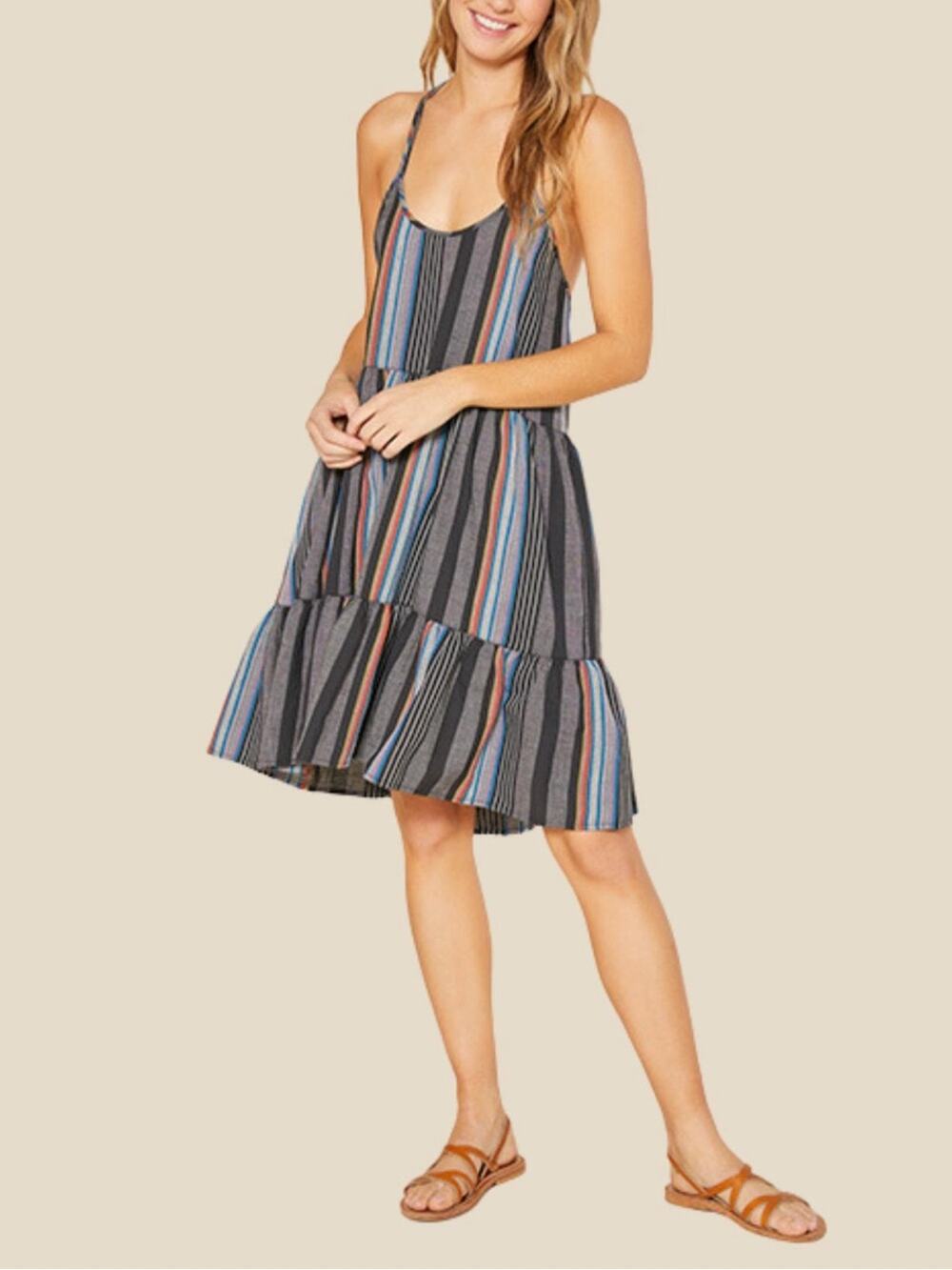 NWT Outerknown Cielo Multi Stripe Tiered Babydoll Organic Cotton Dress Medium